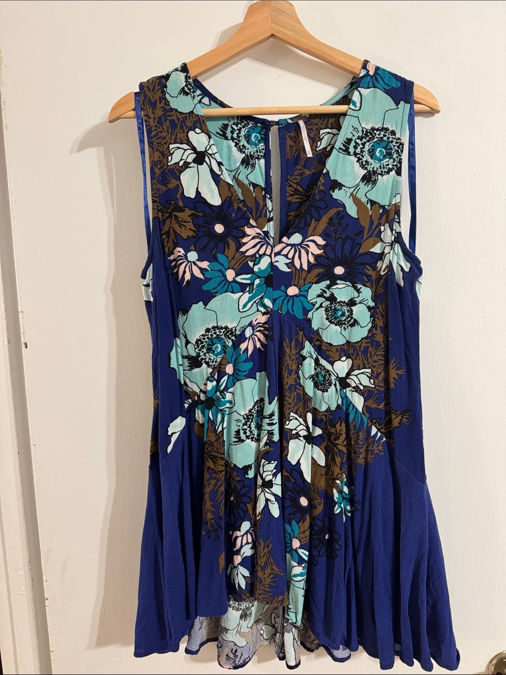 Free People Navy Floral Mini Dress / Long Top with Aqua and Brown Accents